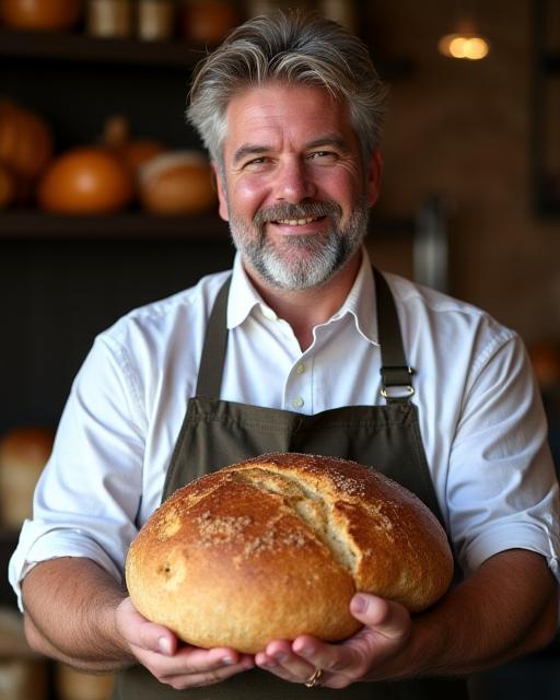 Porträt von Bäckermeister Hans Gruber, der stolz einen Laib Brot hält