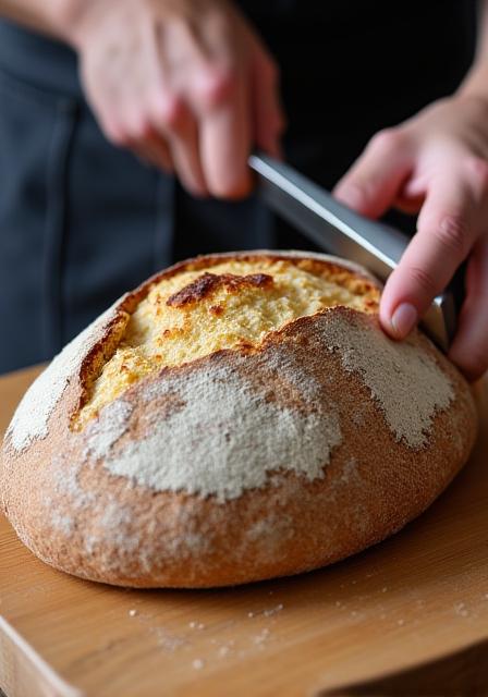 Ein Bäcker schneidet einen grossen Laib frischen Brotes in Scheiben