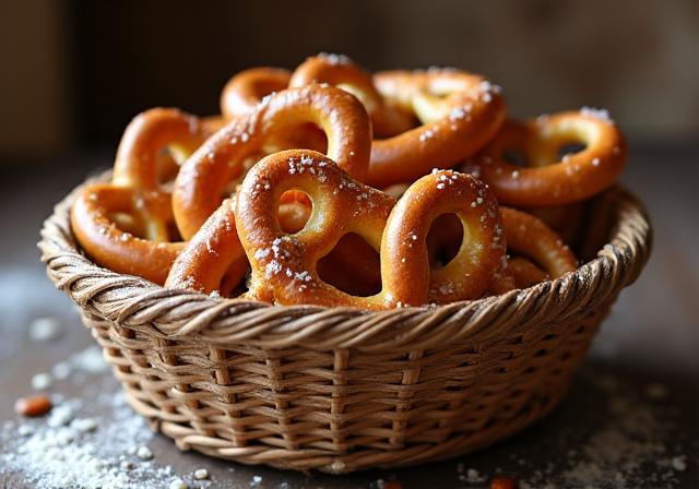 Ein Korb voller goldbrauner, frisch gebackener Brezeln