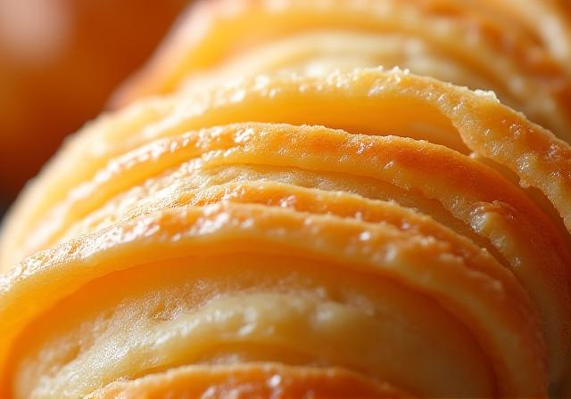 Makroaufnahme der blättrigen Schichten eines frischen Buttergipfels
