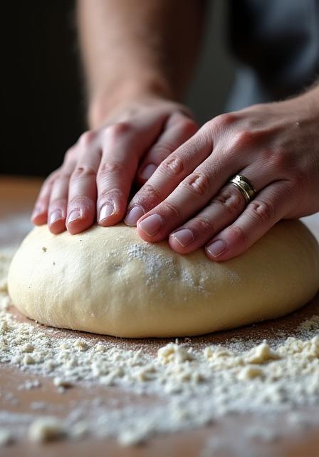 Hände eines Bäckers, die sorgfältig einen Teig formen
