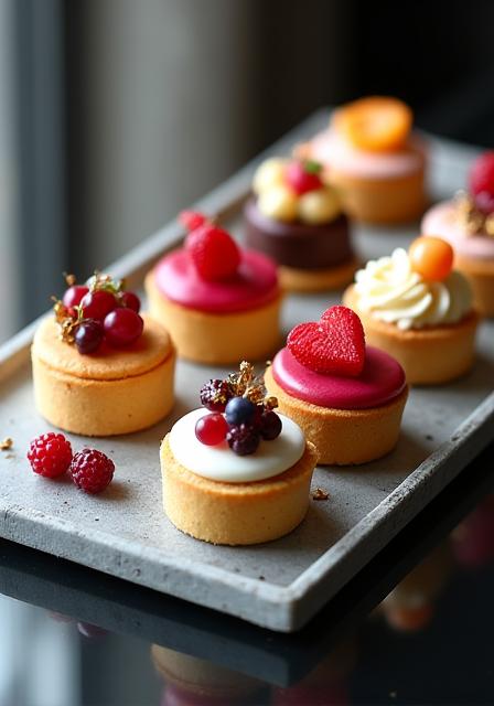 Feine Patisserie-Törtchen auf einem Serviertablett