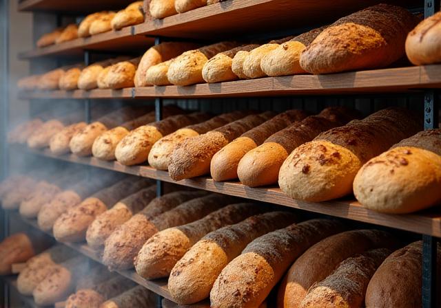 Ein grosses Holzregal gefüllt mit verschiedenen frisch gebackenen Broten