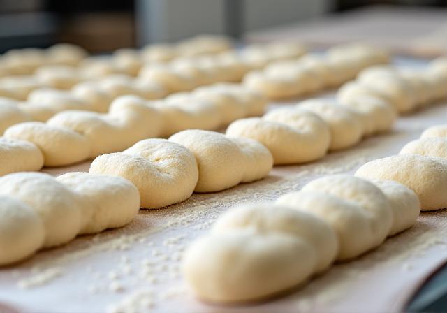 Reihen von Teiglingen ruhen auf Leinentüchern bevor sie gebacken werden